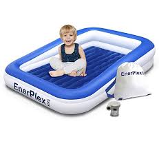Enerplex Kids Inflatable Toddler Travel Bed With High Speed Pump Portable Air Mattress For Kids Blow Up Mattress With Sides A Built In Safety Bumper Blue