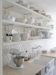 White Kitchen With Moroccan Tile Backsplash Beneath The Openshelves Totally Shabby Chic Look For Cott Chic Kitchen Country Kitchen Designs Shabby Chic Kitchen
