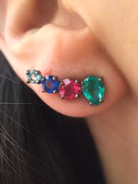 Pulseira pedrinhas coloridas penduradas ouro. Ear Cuff Gota E Pedras Redondas Coloridas Rodio Negro Semi Joia Waufen