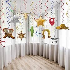 Western party supplies give you banners, balloons, blue jeans and bandana tableware, and western party decorations to set the scene, but with this theme party, the costumes and accessories are the real stars. Amazon Com Blulu Western Party Decorations Pack Hanging Swirls Foil Swirls Party Ceiling Decorations Western Cowboy Theme Party Barnyard Theme Birthday Baby Shower Decor Event Supplies 30ct Toys Games