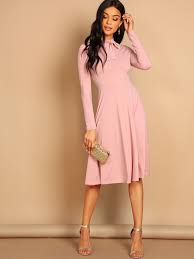 Casual Plain Shift High Neck Long Sleeve Natural Pink Knee Length Tie Neck Solid Flowy Dress Slim Fit Dresses Flare Long Sleeve Flare Dress