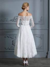 Stunning vintage ivory strapless tea length lace wedding dress uk 12 16 20 22 24. Asymmetrical Ivory Long Sleeves Off The Shoulder Wedding Dresses With Lace Veroella