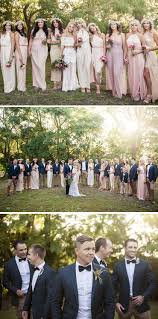 Boho Pink Mismatched Bridesmaid Dresses And Navy Groomsmen Suits With Black Bow Ties Muse Photogr Wedding Party Outfits Pink Bridal Party Navy Bridal Parties
