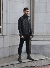 Men S Black Leather Bomber Jacket Charcoal Knit Turtleneck Black Wool Dress Pants Charcoal Suede Casual Boots Black Leather Bomber Jacket Black Dress Boots Jacket Outfit Women