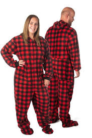Big Feet Pajamas Adult Red Black Buffalo Plaid Plush Hooded One Piece Footy