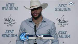 The quarterback showed up decked out in a cowboy hat, ostrich skin boots, and a button down shirt. Dak Prescott Talks Cowboys Thrilling Win Over The Falcons Cowboys Press Conference Fox Sports