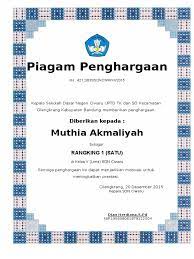Contoh piagam penghargaan untuk anak tk. Piagam Penghargaan Siswa Berprestasi Rangking Kelas