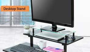 A monitor stand riser can help, by raising the devices to eye level, thus reducing strain on the eyes and neck. Clear Glass Universal Computer Monitor Riser Save Space Shelf 22 X 8 25