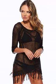 Black Crochet Fringe Swimsuit Cover Up Swimwear Cover Knit Mini Dress Chiffon Fashion