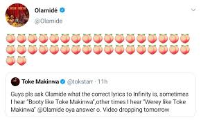 Omah lay) she no like groundnut but she go chop am if you give am cucumber waka from trans amadi till her leg. See Olamide S Reaction After He Was Called Out By Toke Makinwa On Social Media That Got People Talking