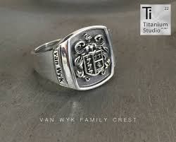 Black And White Coat Of Arms Of South Africa Van Wyk Family Crest Coat Of Arms Ring Family Crest Rings Black Titanium Ring Titanium Rings