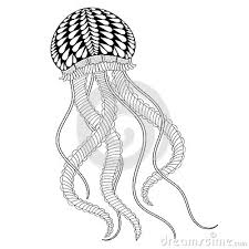 A captivating creature of the seas, surrounded by sea stars, hippocampes, jellyfish and fishes. Hand Drawn Sea Jellyfish For Adult Coloring Pages In Doodle Zen