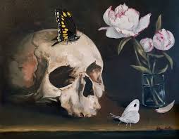 Black And White Still Life Oil Painting Dark Memento Mori With Human Skull Black And White Butterflies And Peonies Original Macabre Still Life O Still Life Oil Painting Artist Inspiration Painting
