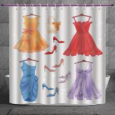 Funky Shower Curtain 2 0 Heels And Dresses Set Of Festive Attire For Party Fashion Female Cocktail Dresses On Hanger Multicolor Fabric Shower Curtain Amazon In Home Kitchen
