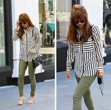 Black And White Striped Shirt With Red Pants Army Green Pants Striped Shirt Casual Fall Outfit Olive Green Pants Skinny Green Jeans Black And Casual Fall Outfits Olive Jeans Outfit Green Jeans Outfit