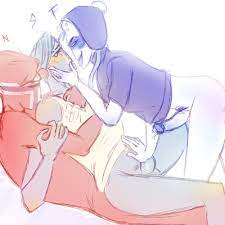 arms around chest blue body blue hair blue skin closed eyes  countryhumans finland finland (countryhumans) gay hand on cheek hand on  chest hand on penis male male only naked