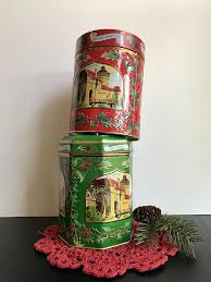 Includes music box inside lid which winds and plays silent night. Vintage Musical Cookie Tins Set Of 2 Lambertz Aachen Germany Etsy Cookie Tins Christmas Cookies Tin House