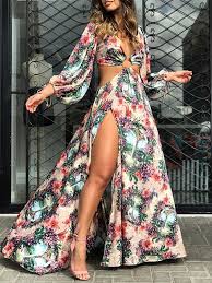 Produktdetails mit elastischem bund in der taille erhältlich in gepunkteter sowie unifarbenen varianten, festliches kleid / abendkleid White Floral Cut Out Plissee Oberschenkel Hohe Seitenschlitze V Ausschnitt Bohemian Beach Maxi Kleid Maxikleider Kleider