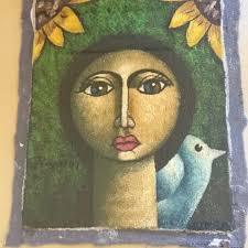 mid century oc surrealist female portrait with/flower painting