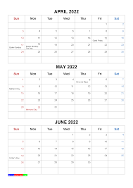 Free April May June 2022 Calendar With Holidays Four Quarters In 2020 Calendar Template 2020 Calendar Template Excel Calendar Template