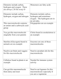 Macromolecule Chart Ch 6 Packet Bryn Mawr School Faculty Web