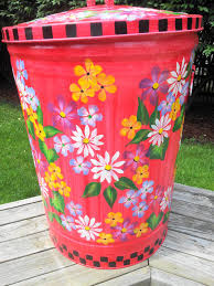 30 Gallon Hand Painted Galvanized Metal Can Is Base Coated With An Emolsabond Primer Background Painted Trash Cans Flower Pot Crafts Painting Galvanized Metal