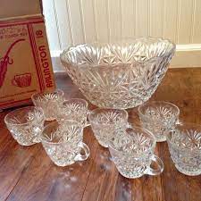 Lovely iridescent gold colors and vintage anchor hocking milk glass grape harvest punch bowl set nine cups and plastic s rings to hang the cups on the side of the bowl. Best Vintage Anchor Hocking Arlington Punch Bowl Set For Sale In Colorado Springs Colorado For 2021