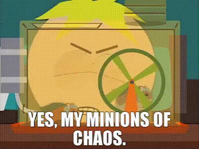 professor chaos from south park looking at his "minions" hamster