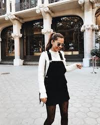 Black Dungaree Dress With Cream Jumper Winter Dress Outfits Outfits Invierno Chic Sweaters