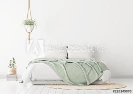 Learn more about fresh green bedroom interior design photo to add your home design reference for your home decoration from tips design minimalist and comfortable bedroom. Home Bedroom Interior Mockup With Bed Green Plaid Pillows Rug And Plants On Empty White Wall Background 3d Rendering Kaufen Sie Diese Illustration Und Finden Sie Ahnliche Illustrationen Auf Adobe Stock