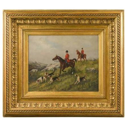 English Hunting English 1880s Oil On Board Painting Depicting A Hunting Scene, In Antique Frame