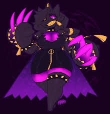 toxicsoul77, banette, mega banette, creatures (company), game freak,  nintendo, pokemon, absurdres, highres, 1girl, alternate costume, black  background, black hair, black thighhighs, bracelet, breasts, cape, claws,  colored skin, fangs, full body, gen 3