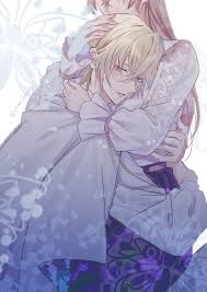 y (pixiv69889180), absurdres, highres, 1boy, 1girl, blonde hair, brown  hair, cape, elbert greetia, feet out of frame, frilled sleeves, frills,  hair between eyes, hand on anothers head, head out of frame, hetero,