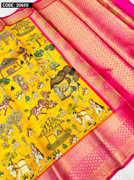 Yellow color kanchipuram silk saree with kalamkari weaving work