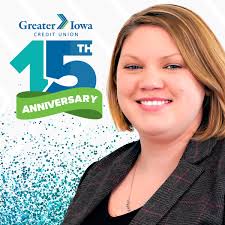 Join us in celebrating Katie's 15th anniversary with Greater Iowa Credit  Union! Nate, our CLO, said this about Katie and her anniversary. "Katie has  been a steading and positive influence with GICU