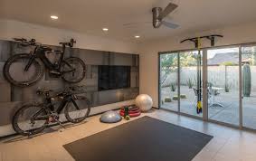 Home gym with black rubber flooring, cool gray wall paint and rich red accents. 75 Beautiful Black Home Gym Pictures Ideas July 2021 Houzz