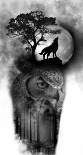 The Wolf And The Owl Em 2020 Tatuagem Coruja Lobo E Lua Tatuagem Tatuagem De Paisagem