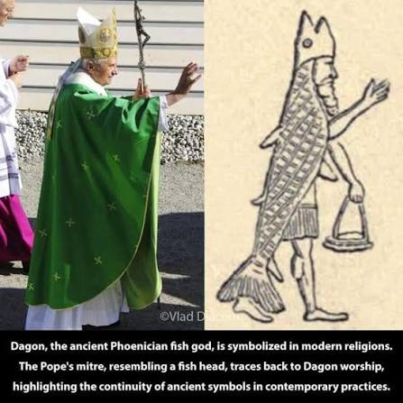 For instance, the mitre worn by the Pope is thought to represent a fish  head, symbolizing the legacy of Dagon's worship throughout history. This  connection illustrates how ancient symbols have persisted in