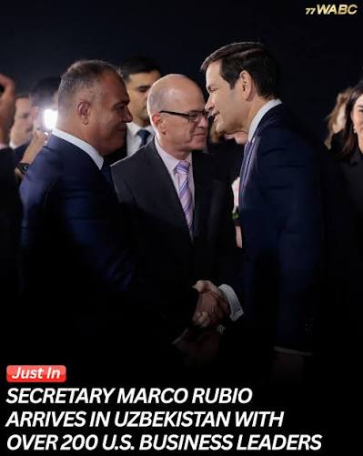 Secretary of State Marco Rubio arrives in Samarkand, Uzbekistan, alongside his wife, Jeanette, for talks aimed at strengthening U.S. economic and diplomatic ties with Central Asia. Rubio is accompanie