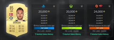 Eriksen's price on the xbox market is 14,750 coins (1 hrs ago), playstation is 14,000 coins (32 min ago) and pc is 13,750 coins (3 min ago). Qxylfko L7k65m