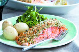 Baked Salmon With Mustard And Herb Crumble New Season Potatoes And Roast Limes Seasoned Potatoes Baked Salmon Bbq Dinner