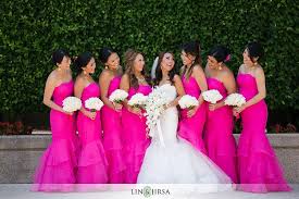 Hyatt Regency Irvine Wedding Erwin And Jenn Hot Pink Bridesmaid Dresses Pink Bridal Party Dresses Pink And White Weddings
