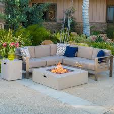Noble House Cape Coral Khaki 5 Piece Aluminum Outdoor Sectional Set With Khaki Cushions 11885 The Home Depot Outdoor Fire Table Fire Table Outdoor