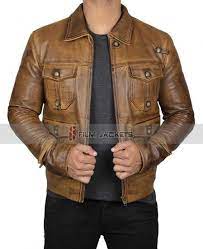 Mens Distressed Brown Cognac Shirt Collar Vintage Four Pocket Leather Jacket Black Leather Jacket Men Leather Jacket Men Brown Leather Jacket Men