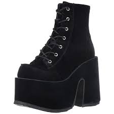 Dance your ravin' heart out with these glamazing platform boots that have a metallic color block design, top stitching all ova, n' side. Velvet 13 Cm Demonia Camel 203 Goth Ankle Boots