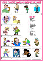 This illnesses vocabulary reviews many common aches and pains in pictures and with a video that helps with english pronunciation. Health Problems Esl Vocabulary Worksheets