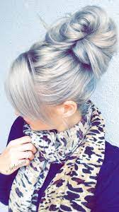 Messy Bun Grannyhair Grey Hair Looks Silver Blonde Hair Silver Hair