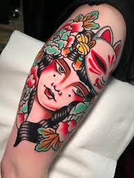 Lady w/ a Kitsune Mask, by Vinny Fiorenzo @ Portal Tattoo in Woodstock, GA  : r/traditionaltattoos