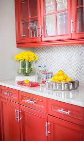 Tiny kitchen kitchen design home red kitchen cabinets kitchen interior white kitchen design industrial style kitchen kitchen colors eclectic kitchen. Red Kitchen With White And Gray Marble Chevron Pattern Backsplash Contemporary Kitchen