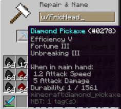 Deepslate diamond ore is a variant of diamond ore that can generate in deepslate and tuff blobs. Fepair Name Uffrichead Diamond Fickaxe C 0278 Efficiency Fortune Iiiarrt Cost Unbreaking Iii 6917 Jhen In Main Hand 64 64 12 Attack Speed 5 Attack Damage 30 S62 Durability 1 1561 Minecraftidiamond Pickaxe